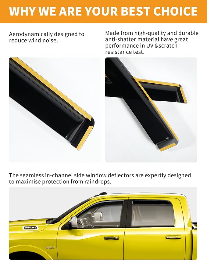 in-Channel Window Rain Guards Fit for Dodge RAM 2500 3500 2019-2026 Crew Cab Extra Durable Window Deflectors Big Horn Vent Visors Vent Shades Truck Window Visor Exterior Car Accessories