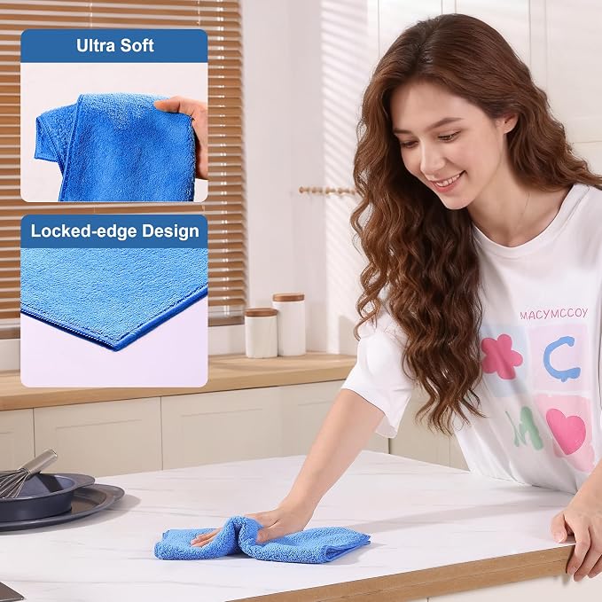 Microfiber Cleaning Cloths 18 Packs, 11.8" x 11.8" Blue Reusable Kitchen Towels, Lint-Free Cleaning Rags, Super Absorbent Cleaning Cloths for Kitchen, Car, and Household Cleaning