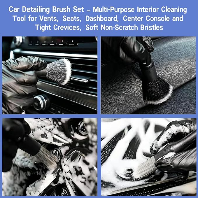 9 Pcs Car Detailing Brushes Kit, Car Interior Cleaning Tool with Cleaning Gel | car detailing brushes, cleaning gel & microfiber cleaning cloth,Safe for leather, vents, dash. Ideal for truck, auto, SUV, RV