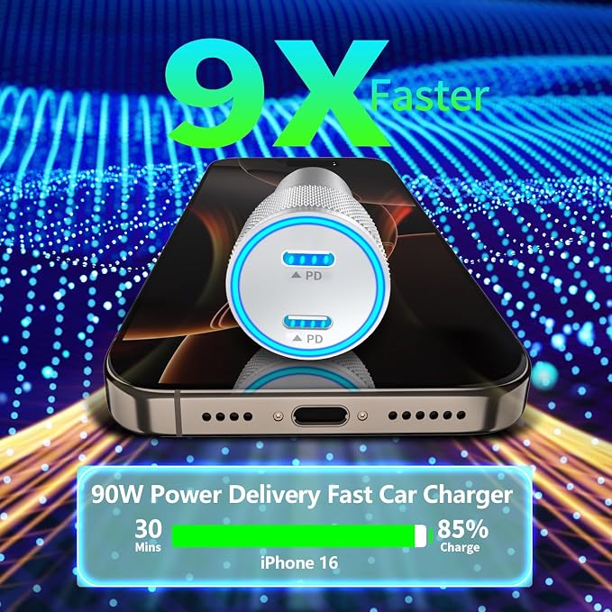 [Apple MFi Certified] iPhone 17 Car Charger Fast Charging, 90W Dual PD Power Cigarette Lighter USB-C Car Charger with 2Pack Type-C Cord for iPhone 17/17 Pro Max/16 Pro/15/Galaxy S26/S25/Pixel