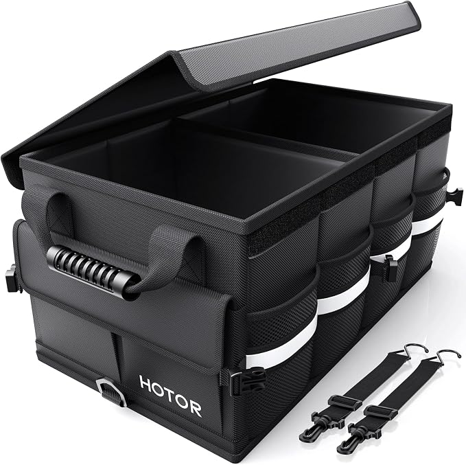 Car Trunk Organizer - Foldable Trunk Organizer for SUV, Car Storage with Reflective Strips & Securing Cover, Large Capacity Car Accessories for Truck, Van & Sedan, Black, 24.4" x 13.8" x 11.0"
