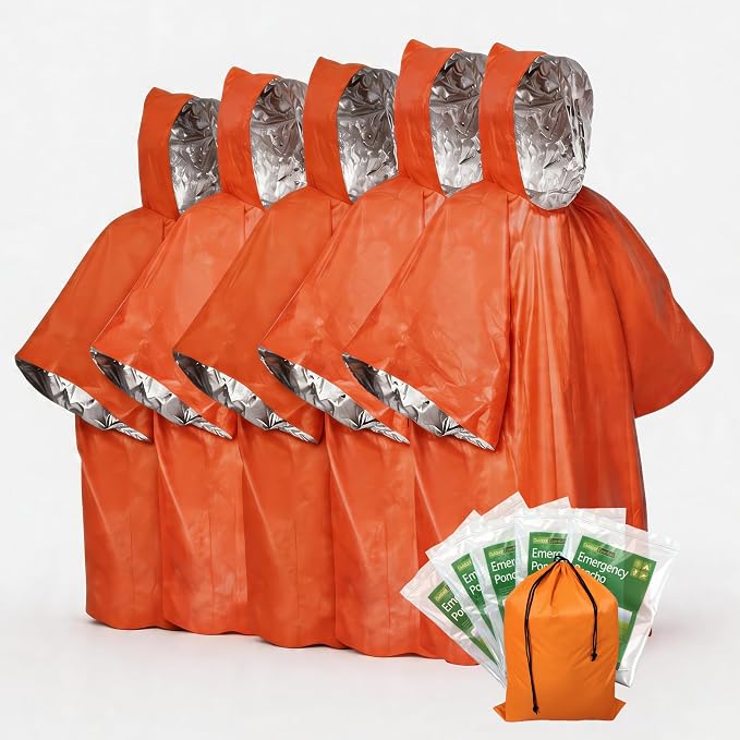 5Pack Emergency Poncho Portable Thermal Mylar Survival Rain Poncho with Hood for Adults Emergency Supplies and Survival Kits for Outdoor Camping,Hiking,First Aid,Orange