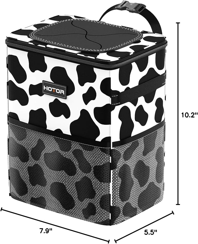 Car Trash Can with Lid and Storage Pockets - 100% Leak-Proof Organizer, Waterproof Garbage Can, Multipurpose Trash Bin for Car, 2 Gallons, Cow