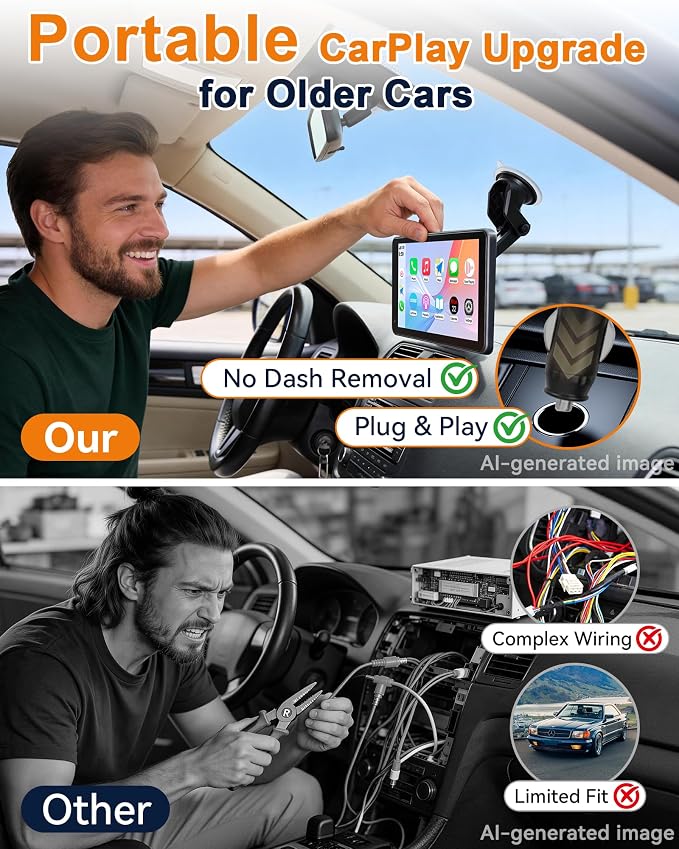 Portable Carplay Screen with Backup Camera - Plug-Play 7-inch HD 1080P Car Touchscreen Supports Both Apple CarPlay & Android Auto - No Dashboard Removal, GPS Navigation, Voice Control, Bluetooth