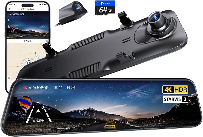 S12 Pro Mirror Dash Cam with STARVIS 2 Sensor, Rear View Mirror Camera 5.8GHz WiFi, 4K Front and 1080P Rear Backup Camera for Car, ADAS, Voice Control, Color Night Vision, 64G Meomory Card