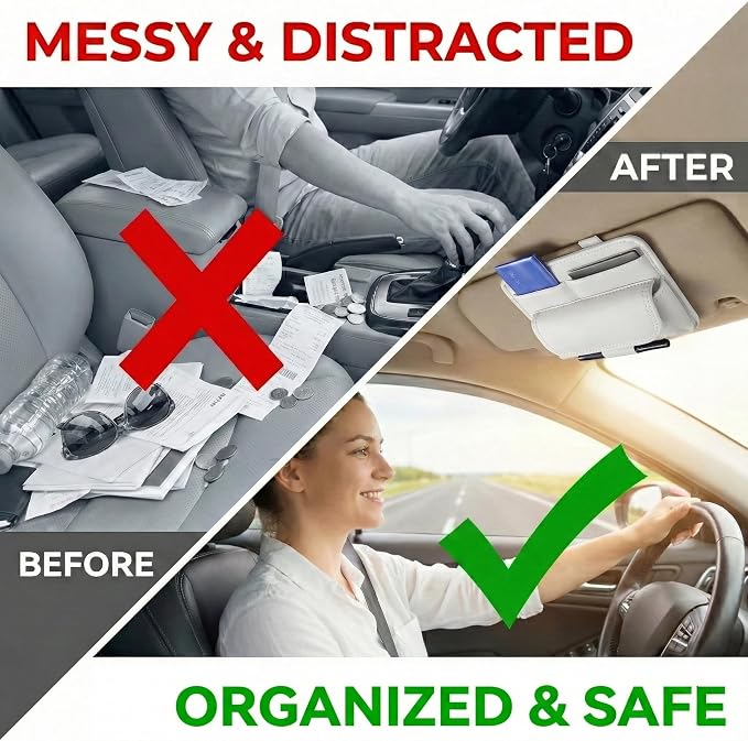 Car Visor Organizer – Sun Visor Storage Pouch Holder for Vehicle Truck SUV, PU Leather Auto Interior Accessories for Registration Document, Gas Card & Sunglasses, Universal Fit (White) | Keeps Registration, Cards & Sunglasses Neatly Within Reach