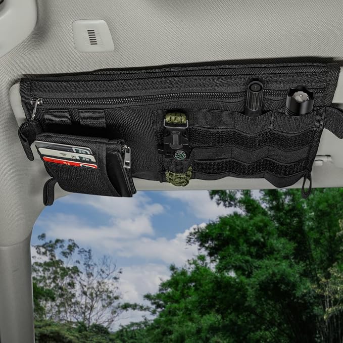Car Sun Visor Organizer, Double Sided Visor Organzier with Card Pouch for Cars, Trucks, Vans, Multi-Functional Sunglass Holder, Tactical MOLLE Accessories