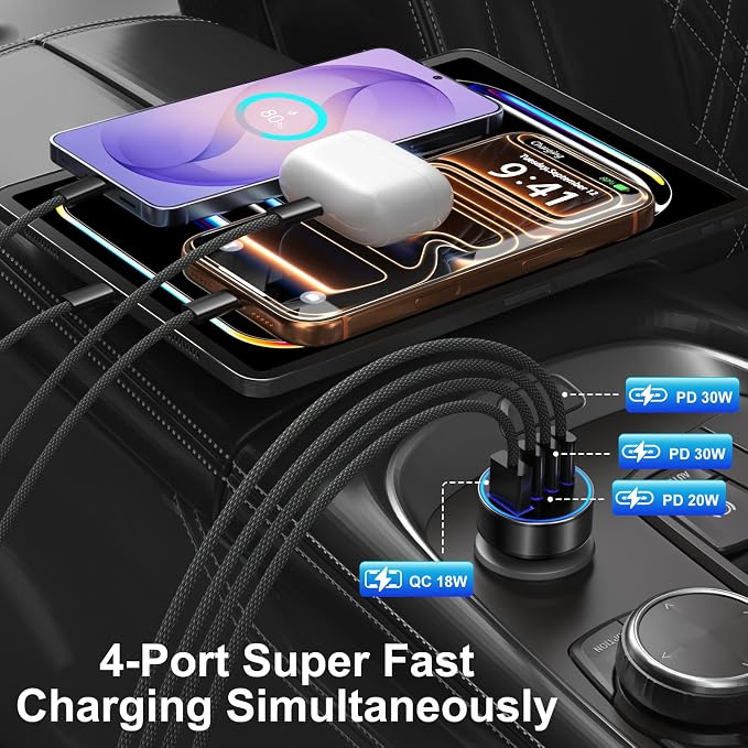 USB-C Car Charger, 2 Pack 4-Port 98W Car Charger USB C Fast Charger,3 USB-C & USB-A Car Cigarette Lighter USB Charger Fast Charging for iPhone 17/16/15/14 Series,iPad Pro,Galaxy S26/S25 Ultra,Pixel