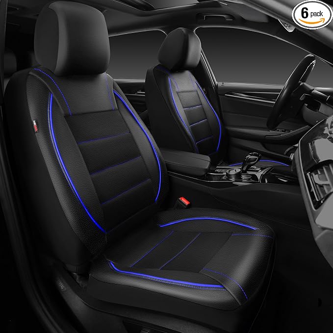 Universal FIT Piping Leather Two Front Seat Covers, Waterproof Faux Leather for SUV Sedan Van Truck, Airbag Compatible,Reserved Opening Holes for Headrest Covers. (Black and Blue)