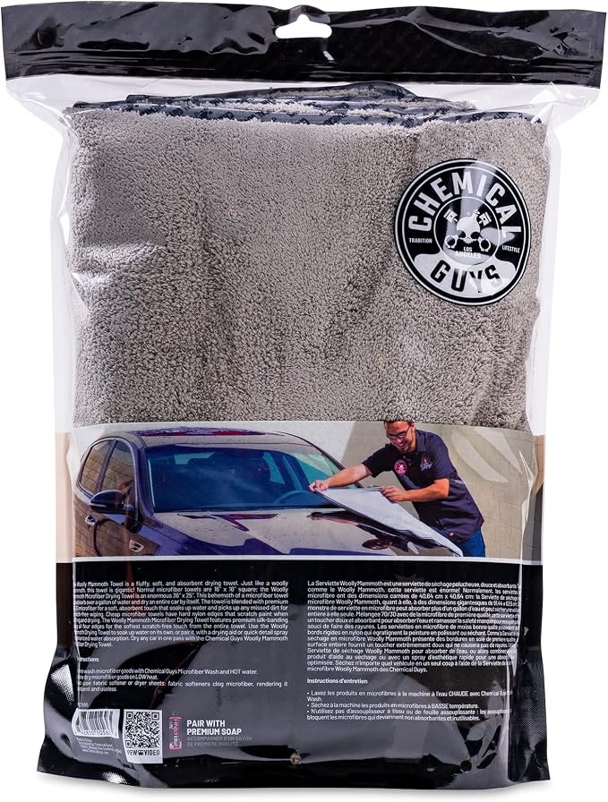 Woolly Mammoth Large Microfiber Drying Towel - 36 x 25 Inch Gray, Ultra Plush Super Absorbent Car Drying Towel for Cars, Trucks, SUVs, Motorcycles, RVs, and Auto Detailing