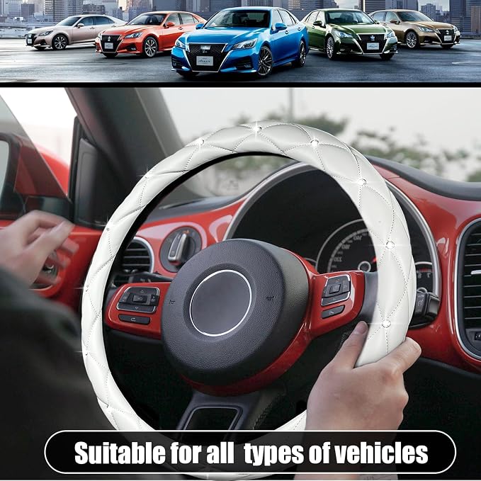 Steering Wheel Cover, Auto Cute PU Diamond Bling Breathable Soft Comfort Leather Car Interior Accessories Sparkly Fit Most O-Shaped Steering Wheels for Women Men (White)