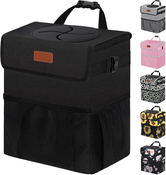 4.2 Gallons Car Trash Can with Lid, Bag Bin Hanging Waterproof Automotive Car Garbage Cans Leak Proof Vehicle Trash Can for Truck SUV,Black