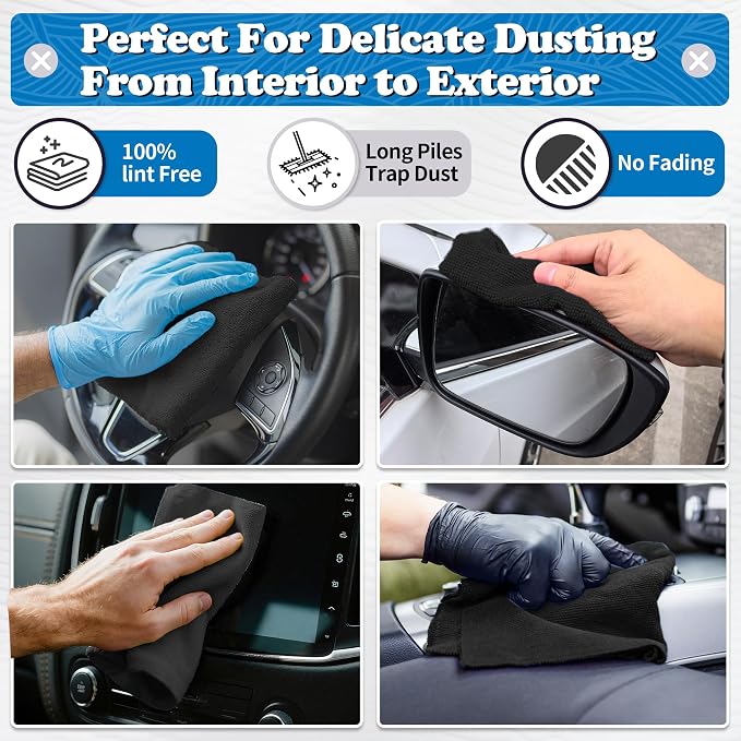 Microfiber Cleaning Cloth, Shop Towels Bulk, 24 Pack Black Microfiber Towels for Cars, All-Purpose Absorbent Cleaning Rags, Dust Cloth for Automotive, Mechanic, Garage, Bar, 12 x 11 inch