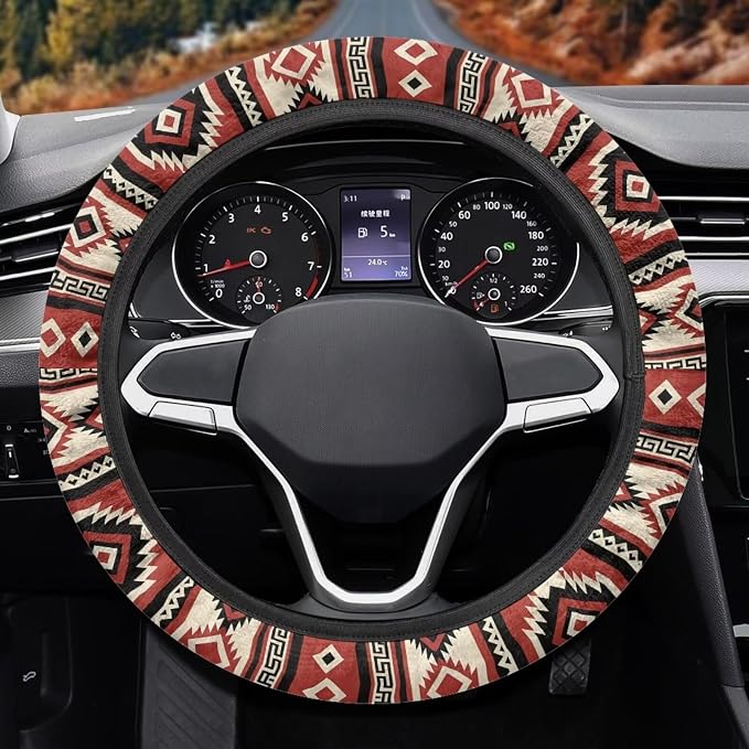 Car Steering Wheel Cover Universal Fit SUV Truck Van, Anti-Skid Soft Stretchy All Weather Protection Auto Decor Accessories, Southwest Aztec Red Beige