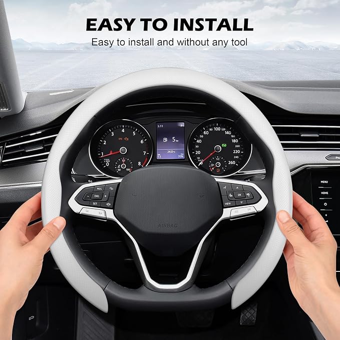 Frani Nappa Leather Steering Wheel Cover,Universal Fit 15 Inch-Premium Non-Slip Breathable Comfort Grip for Cars Trucks SUVs,Anti-Slip Durable Interior Upgrade White