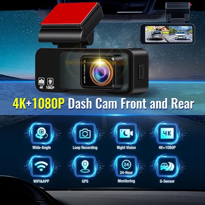 4K Dash Cam Front and Rear, 3.16" Screen Dual Dash Camera for Cars with WiFi & GPS, Night Vision, 170°Wide Angle Car Dashboard Cam, G-Sensor, Loop Recording, 64GB Card Included