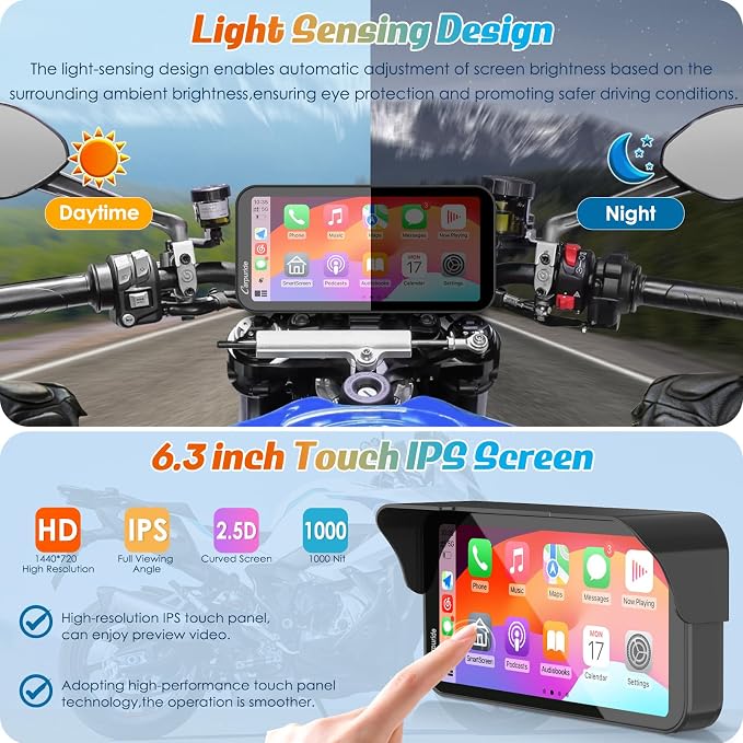 Carpuride W603 Motorcycle Carplay Screen, Wireless CarPlay & Android Auto for Moto, Remote Control，6.3" Waterproof Touchscreen, BT Trans, GPS Navigation, Siri, G00gle Assistant
