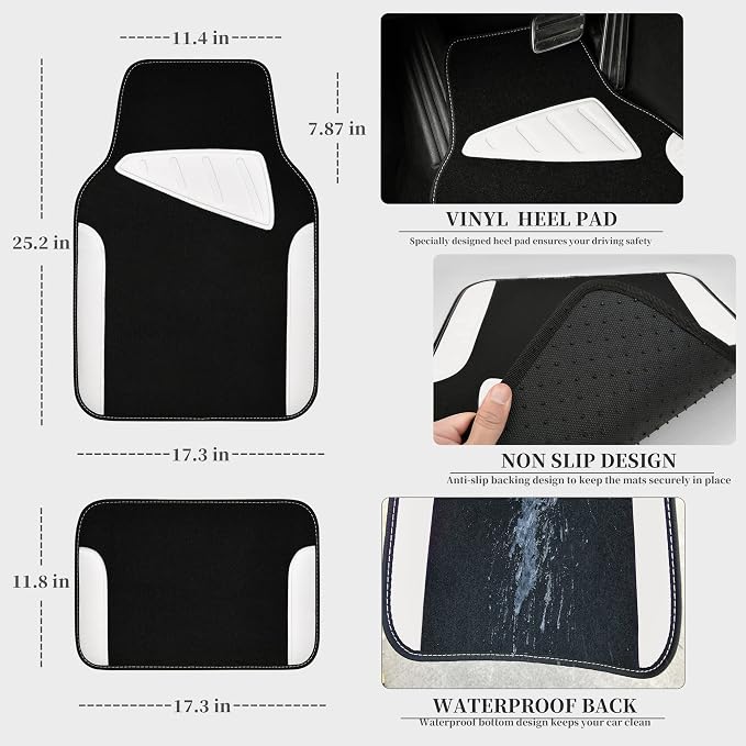 Waterproof Universal Fit Car Floor Mats, Car Mats Fit for SUV,Vans,sedans, Trucks,Set of 4pcs Car Carpet with Driver Heel Pad (White)