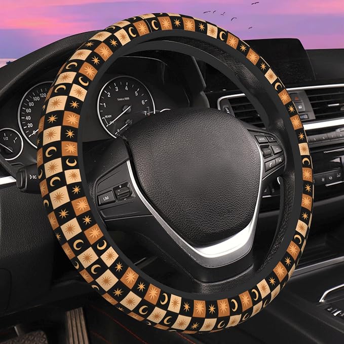 Celestial Checkerboard Steering Wheel Cover for Women Men Neoprene Breathable Boho Moon Star Wheel Cover Protector Anti-Slip Car Accessories Universal 15 Inch Fit for Cars Trucks Vehicles