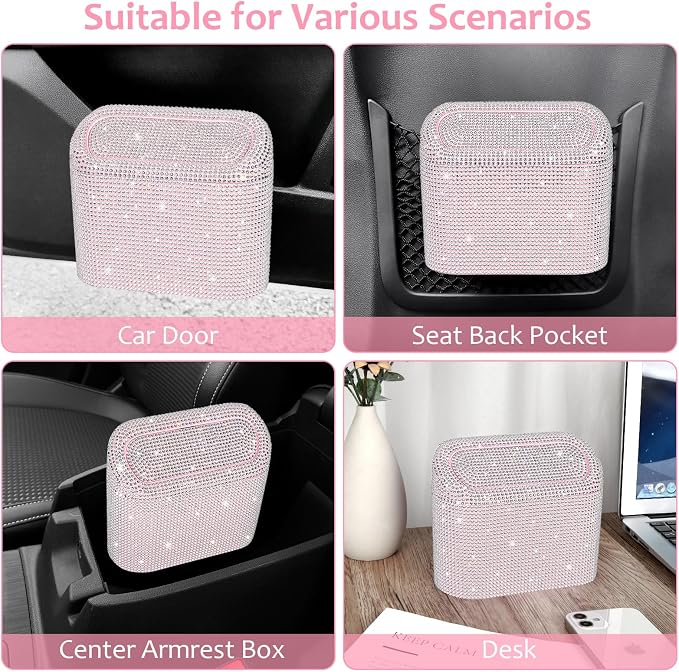 Bling Car Trash Can with Lid, Leakproof Mini Vehicle Trash Bin Automotive Dustbin Organizer Storage, Sparkling Crystal Rhinestone Trash Bag Container with 30pcs Garbage Bags Car Accessories