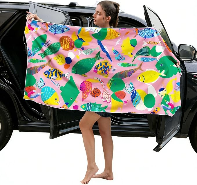 Magnetic Beach Towel | Extra Wide & Enhanced Magnet (75"x40"), Sand-Free Quick-Dry Microfiber for Car Door Changing, Beach, Pool | Includes Storage Bag, Travel & Camping (Colorful Fish Carnival)
