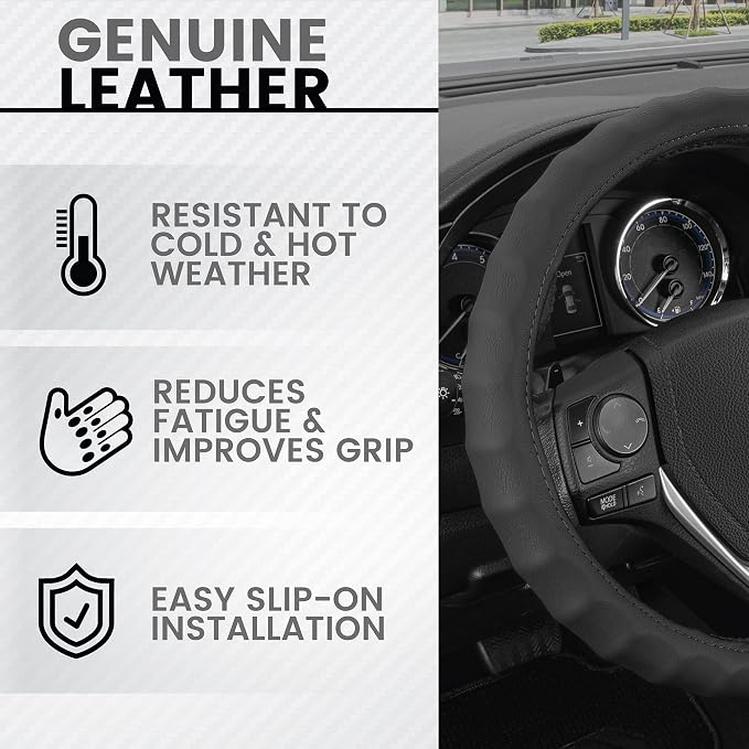 Genuine Black Leather Steering Wheel Cover for Car, Small (13.5" - 14.5") – Ergonomic Comfort Grip for Men & Women, Car Steering Wheel Cover for Vehicles with Small Steering Wheels