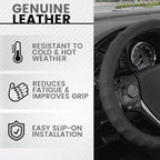 Genuine Black Leather Steering Wheel Cover for Car, Large 15.5-16 inch – Ergonomic Comfort Grip for Men & Women, Car Steering Wheel Cover for Vehicles with Large Steering Wheels