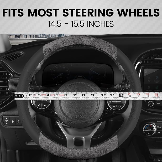 BurlwoodLux Wood Grain and PU Leather Gray Steering Wheel Cover - Sport Grip for Car Auto SUV Trucks