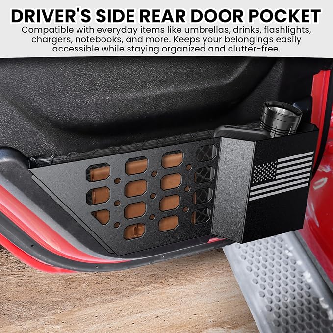 Metal Rear Door Pocket Storage Box for Jeep Wrangler JL JLU 4XE 2018-2026 & Gladiator JT 2020-2023 2023 2024 2025 2026 Accessories Door Storage Organizer Molle Panels, Flag, 2PCS