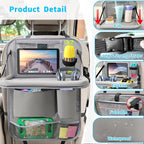 Car Backseat Organizer with Tablet Holder, 6 Storage Pockets Foldable Table Food Tray Seat Back Protectors Kick Mats Travel Accessories, 2 Pack Grey