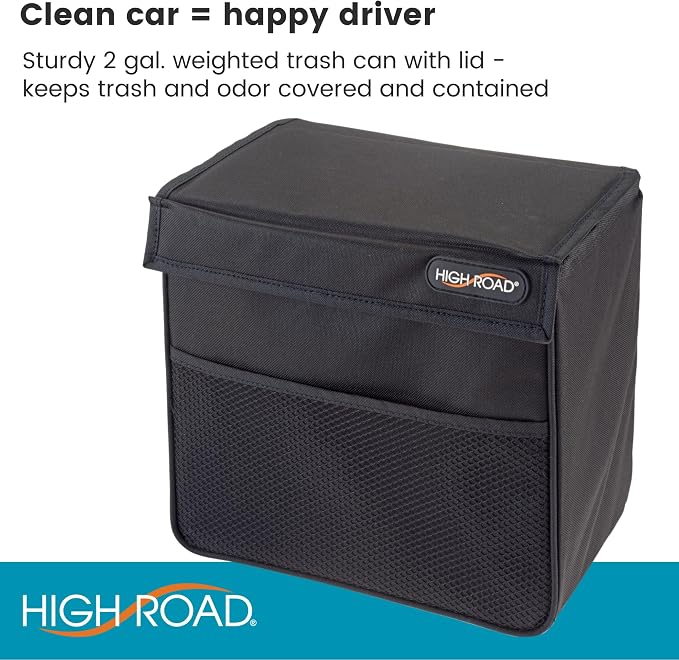 TrashStand Weighted Car Trash Can with Lid and Removable Leakproof Liner - Universal Fit Behind Center Console in Back Seat - Holds 2 Gallons of Car Garbage | Behind Console Car Garbage Can With Bottom Weight and Floor Grips - Waterproof Inse...