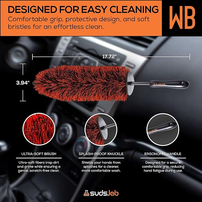 WB Premium Detailing Wheel Brush for All Vehicle Types – 17.7" Ultra-Soft and Scratch-Free Reusable Rim, Wheel, and Tire Brush for Deep Cleaning