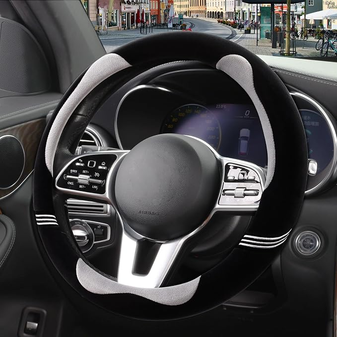 Furry Cute Soft Steering Wheel Cover 14 inch Black with Gray | Fluffy Short Plush Car Accessories, Non-Slip Cold-Proof Sweat-Proof Colorfast, Small 13.5 inch to 14 inch