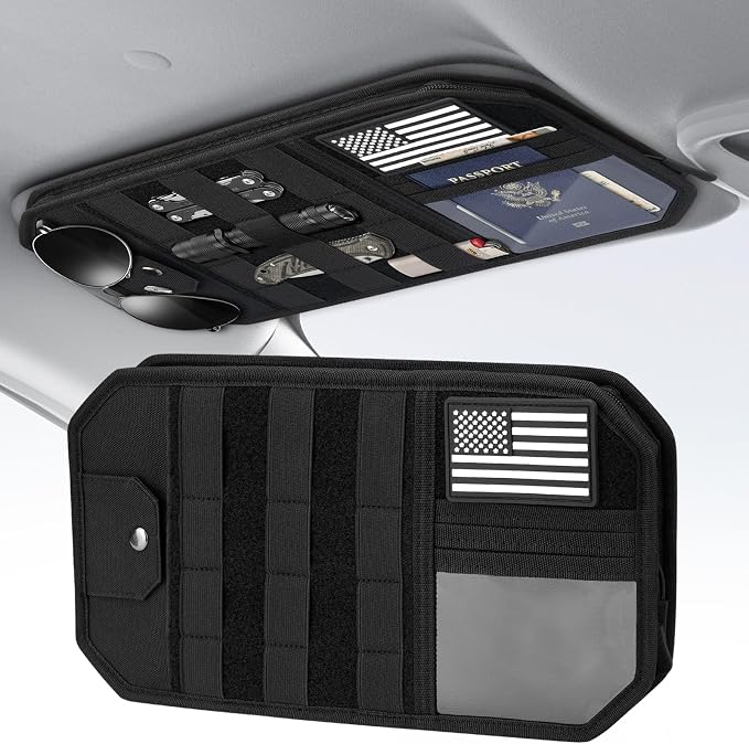 Car Sun Visor Organizer, Molle Car Storage Organizer with Zipper Pouch, Glasses Clip, Adjustable Strap, Semi-Rigid Molle Panel Universal Fit for Most Cars, SUVs, Trucks, Jeeps, Black