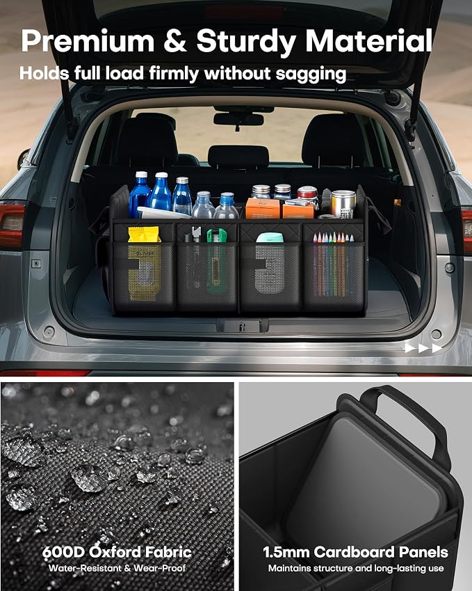 Trunk Organizer for SUV – Foldable & Portable Car Organizers and Storage with 2 Compartments, Large Capacity Car Trunk Organizer Car Accessories for Truck Sedan, Black, 23.6" x 14.2" x 11.8"