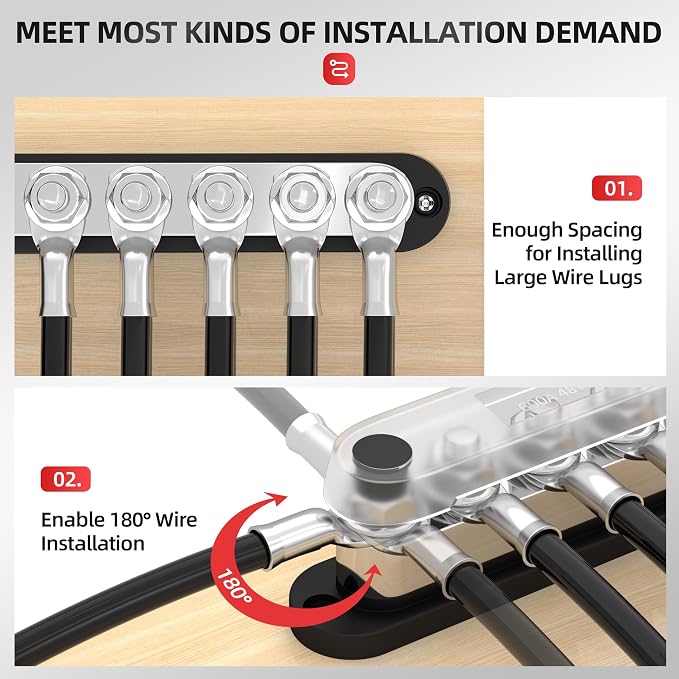 600A Power Distribution Block 12V Bus Bar Terminal Block 6 x 3/8" Terminal Studs 12 Volt Marine Bus Bar with Cover Positive & Negative for Automotive Car Boat Solar System