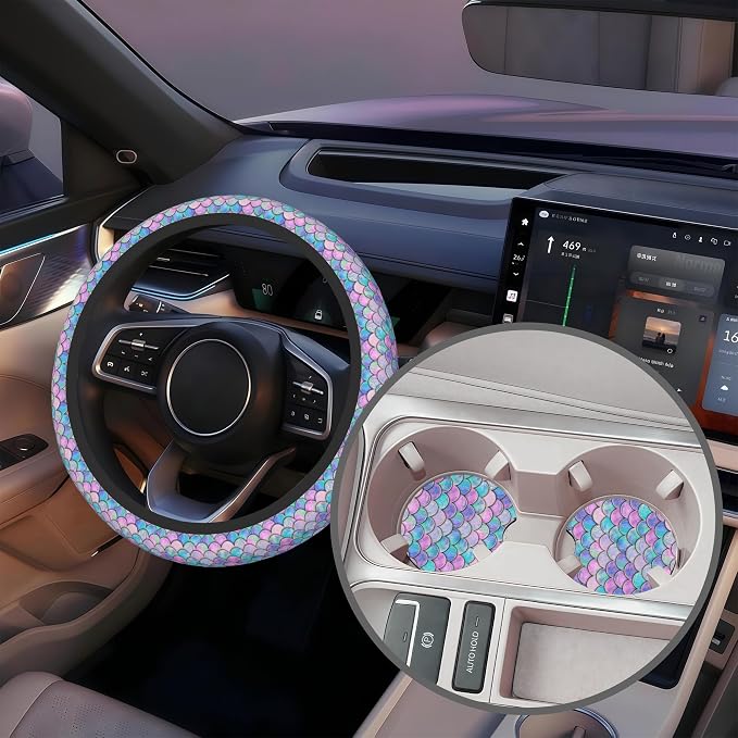 Mermaid Scales Steering Wheel Cover with 2 Pcs Car Coasters Neoprene Steering Wheel Cover for Women Men Anti-Slip Breathable Car Accessories Universal 15 Inch Fit Auto Cars Trucks