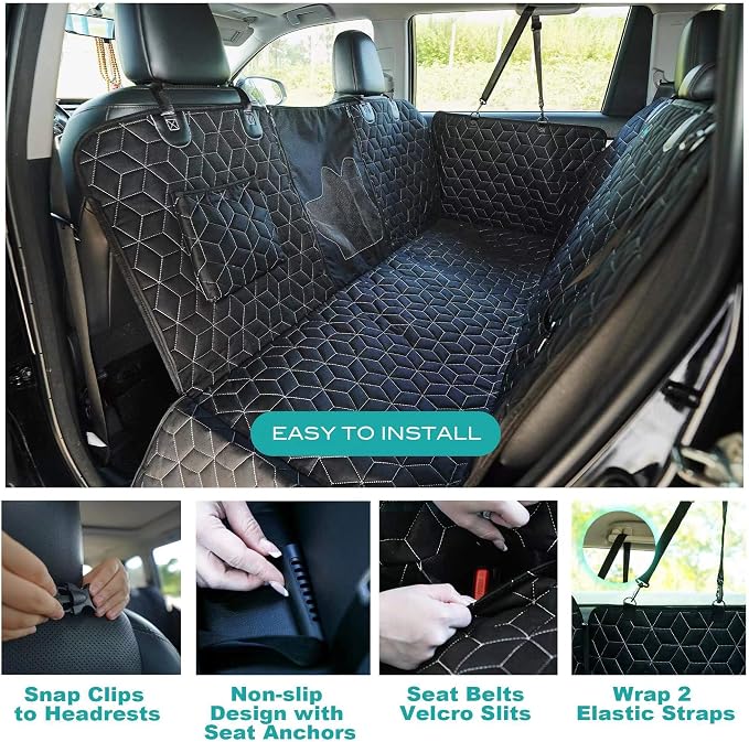 Dog Car Seat Cover for Back Seat, 60" Waterproof Dog Car Hammock with Mesh Window and Side Flaps, 600D Oxford Fabric Pet Seat Protector for Cars, SUVs & Mid-Size Trucks, Black