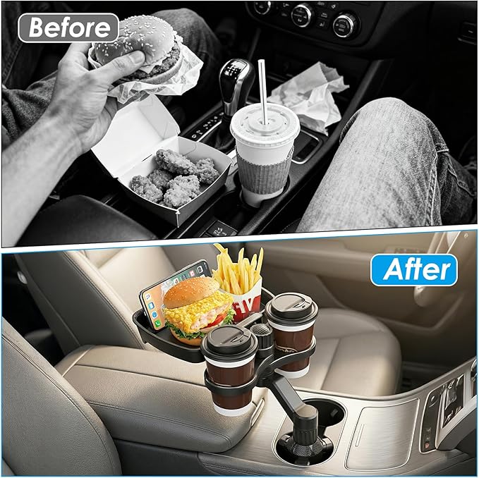 4-in-1 Car Cup Holder Expander, Universal Tray with Phone Mount for Truck | Compatible with 2.6"-3.94" cup holders. Large food tray fits snacks, drinks & devices.