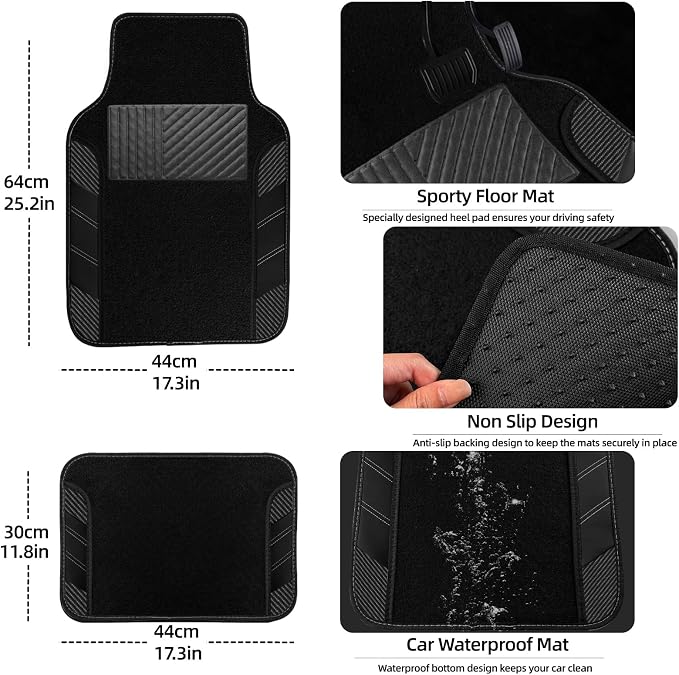 10 Pcs Car Floor Mats Full Set & Sport Leather Steering Wheel Cover 14.5-15 inch, Center Console Cover, Seat Belt Cushion, Cup Holder Coaster, Universal Automobile Interior Sets (Black)