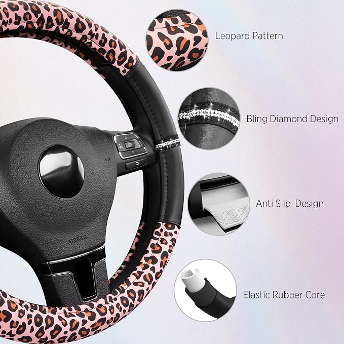Leopard Steering Wheel Cover for Women, Cute Anti-Slip Microfiber Leather, Fits 14.5-15 Inch Steering Wheel 14.5-15 Inch - Black and Pink Cheetah