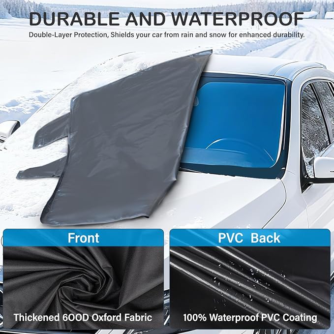 Windshield Cover for Ice and Snow, All-Season Car Windshield Cover with Heavy Duty Oxford Fabric, Windproof Front Window Protector Sun Shade with Mirror Covers for Cars, SUVs and Trucks