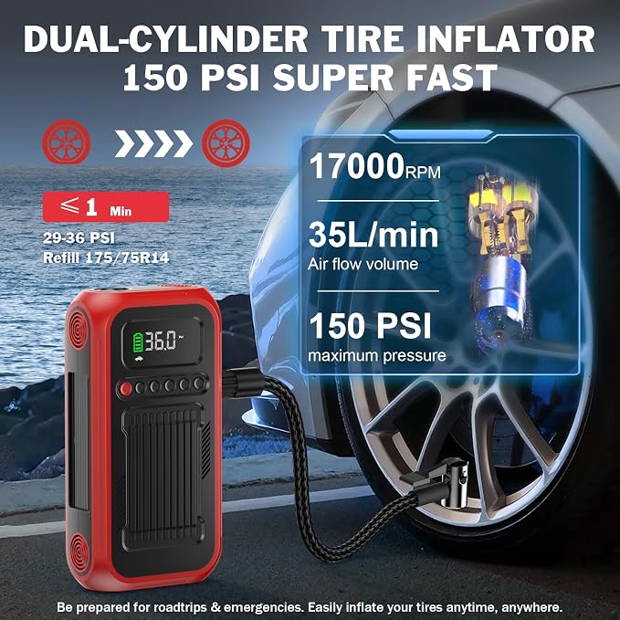 Tire Inflator Portable Air Compressor,12V Car Battery Jump Starter,5X Faster Air Pump For Car Tire with Digital Tire Pressure Gauge&LED Light&Auto Shut-Off,Cordless Pump for Car,Motor,Bicycle,ball