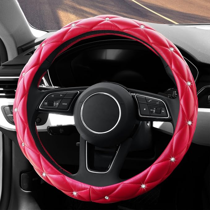 Cute Diamond Soft Leather Anti-Slip Steering Wheel Cover with Bling Bling Crystal Rhinestones, Universal 15 Inch for Women Girls, Fit Vehicles, Sedans, SUVs, Vans, Trucks - Red