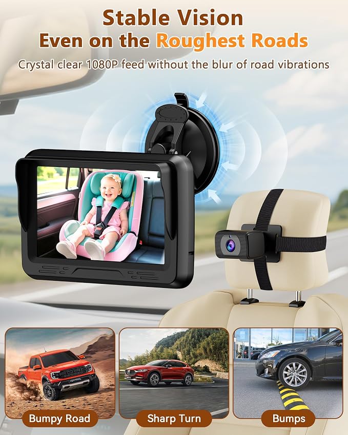Baby Car Camera HD 1080P - Rear-Facing Infant Monitor with Night Vision Car Camera for Baby 150° Wide-Angle Lens Anti-Glare Screen Easy Install 360° Adjustable Display