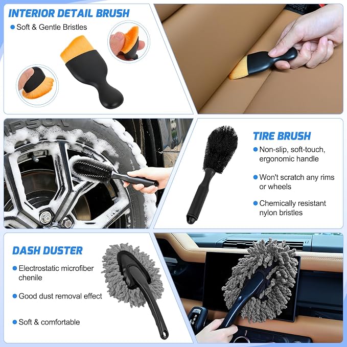 37PCS Car Detailing Kit Auto Cleaning Tools Wash Set with Storage Carry Bag Home Use for Interior Exterior Deep Clean Car Care Windshield Dashboard Seat Air Vents Wheels Tires, Blue