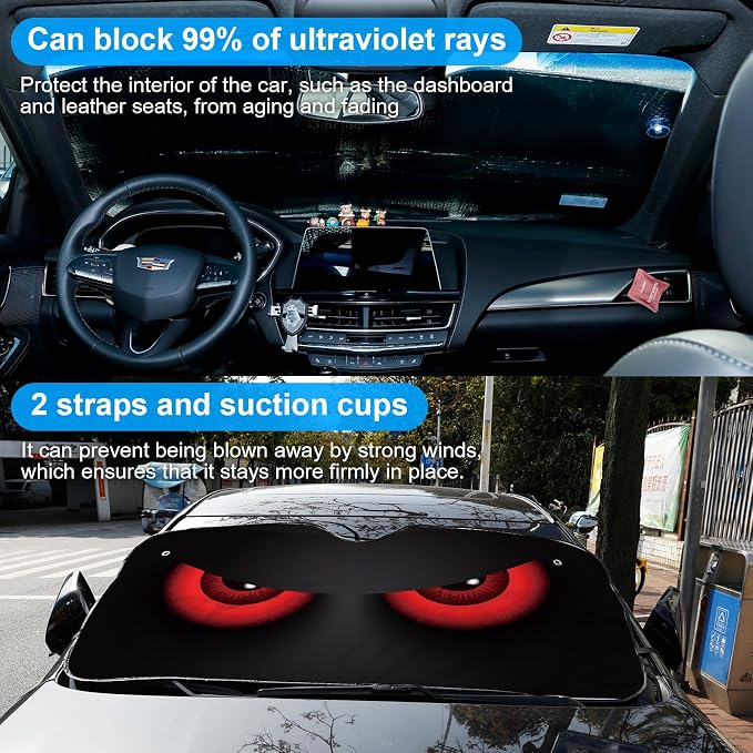 Red Eyes Foldable Windshield Snow Cover, Reflective Accordion Car Windshield Snow Cover, Sun Visor for Car Windshield, Ultimate Heat & UV Protection, Suitable for Most Cars, 54" L x 27.6" W