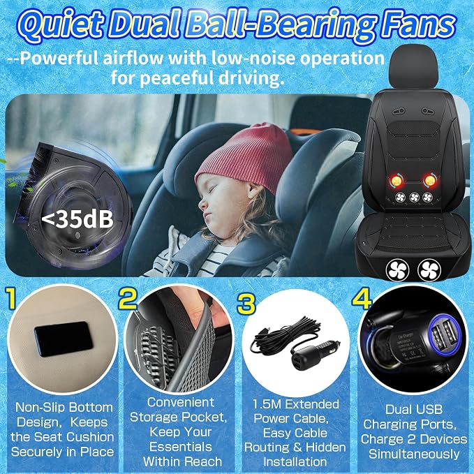 Instant Cooling Car Seat Cover Front Seat with Vibration | Ventilated Car Seat Cushion, Anti Sweat Cooling Pad, 5 Quiet Turbo Fans, For Cars SUV Truck, Hot Summer Driving