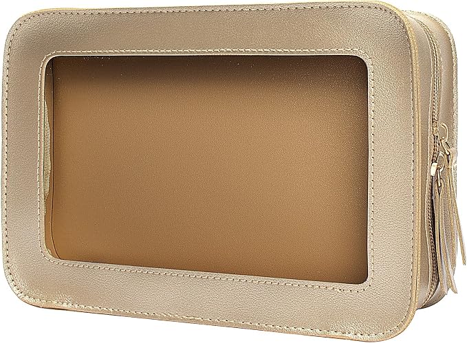 Clear Makeup Bags,TSA Approved Toiletry Bag with Zipper,Sunscreen Bag Clear Makeup Toiletry Pouch Beach Vacation Essentials for Women Teen Girls Gifts(Golden)