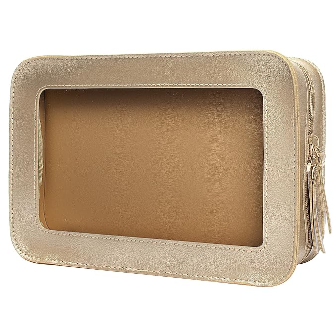 Clear Makeup Bags, TSA Approved Toiletry Bag with Zipper, Clear Makeup Organizer Fit Carry-on Travel Essentials,Clear Cosmetic Bags for Women Men (C-Gold)